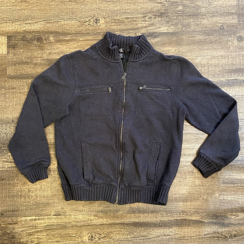 Calvin Klein‎ Jeans Fleece Jacket Men's M Medium Full Zip Mock Neck Pockets Gray